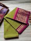 Handwoven Kanchi Cotton | Olive green & magenta | Wide zari border l| Temple border | Butta work