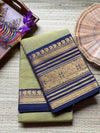 Handwoven Kanchi Cotton | Green and navy blue | Wide Zari Border |Butta work