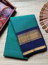 Handwoven Kanchi Cotton| Peacock Green & Navy Blue|Wide Zari Border|Plain Body - gulnoorbymalavika